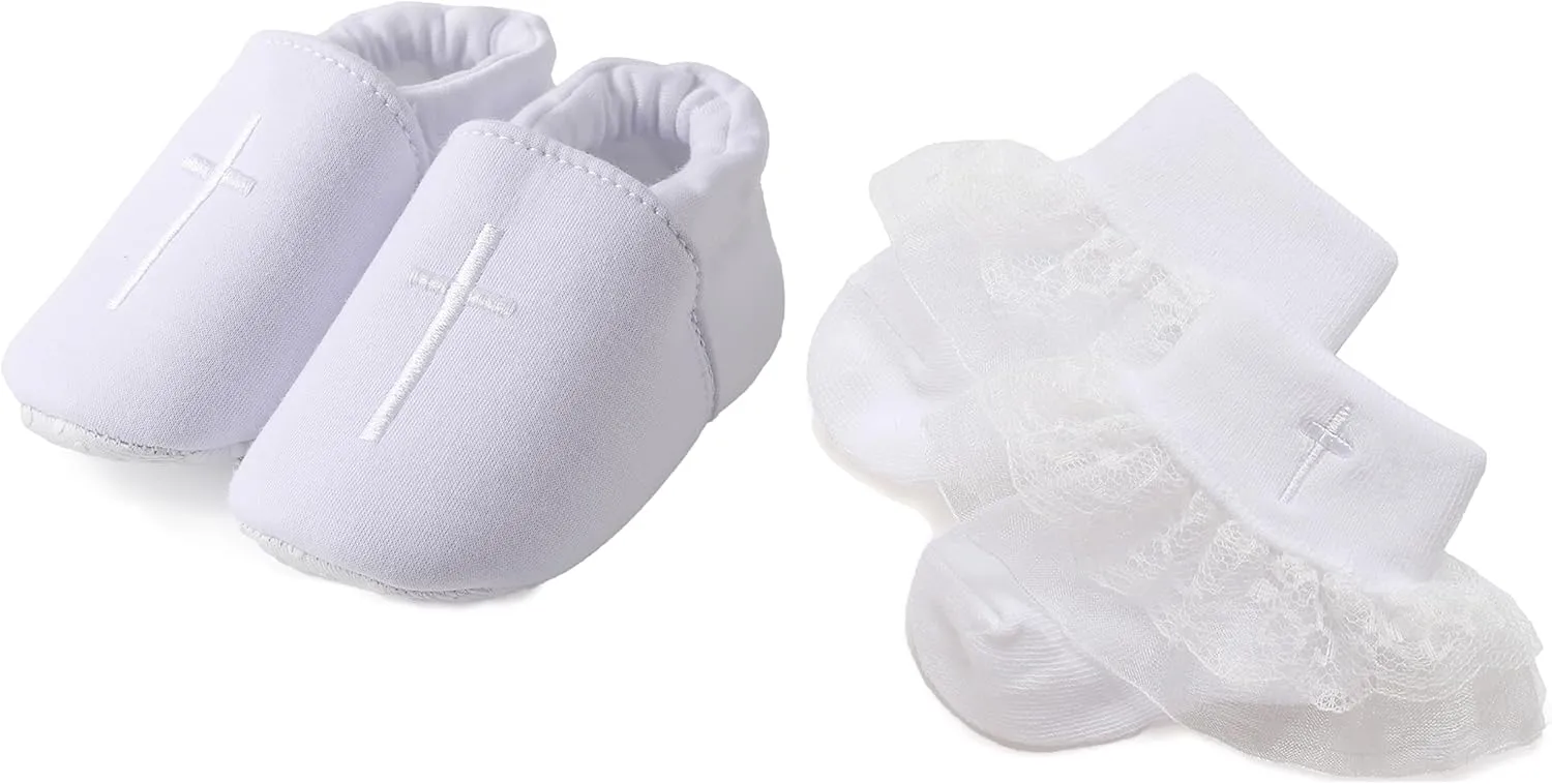 Baby Baptism Shoes and Socks,Embroidered Cross Baptism Shoes with Christening Socks for Baby Girls Easter Gifts