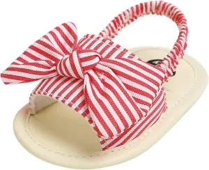Baby Girls Bowknot Rome Sandals Summer Shoes Infant First Walking Slipper Shoes Non-Slip Beach Stripe Sandals