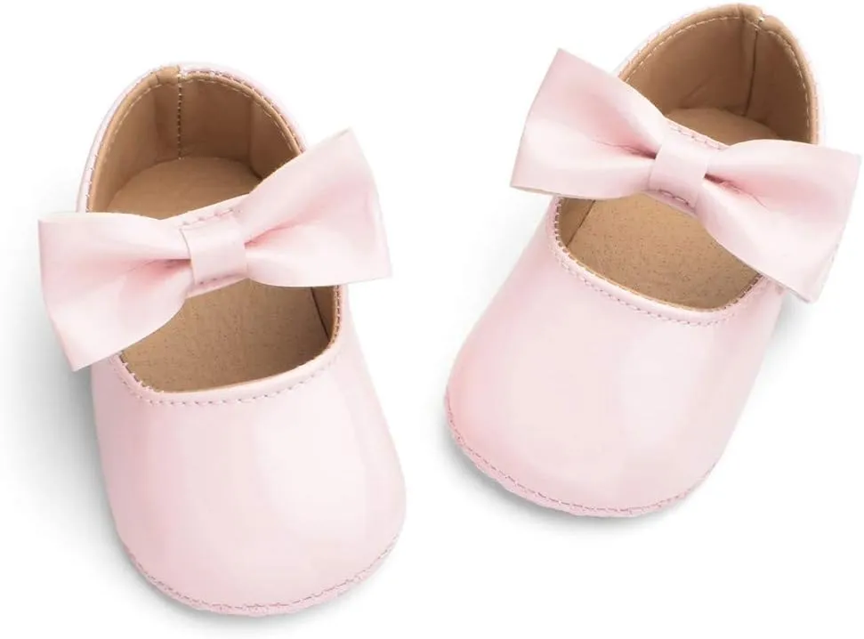 Baby Girls Mary Jane Flat Shoes with Bownot Non Slip Soft Sole PU Leather Newborn Infant Toddler Dress Shoes