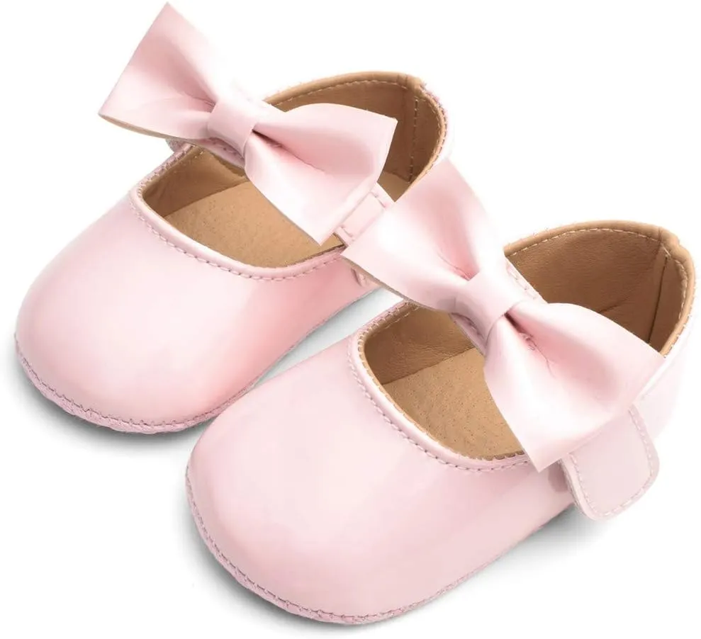 Baby Girls Mary Jane Flat Shoes with Bownot Non Slip Soft Sole PU Leather Newborn Infant Toddler Dress Shoes