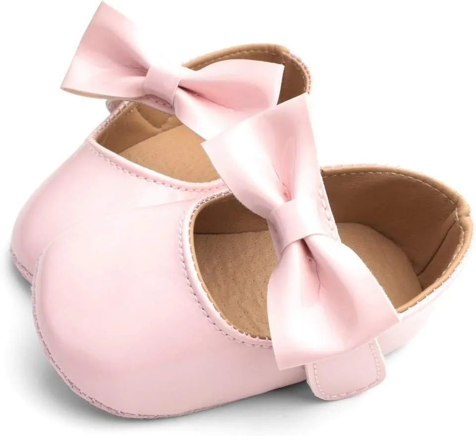 Baby Girls Mary Jane Flat Shoes with Bownot Non Slip Soft Sole PU Leather Newborn Infant Toddler Dress Shoes