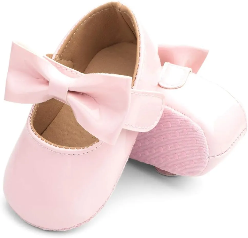 Baby Girls Mary Jane Flat Shoes with Bownot Non Slip Soft Sole PU Leather Newborn Infant Toddler Dress Shoes