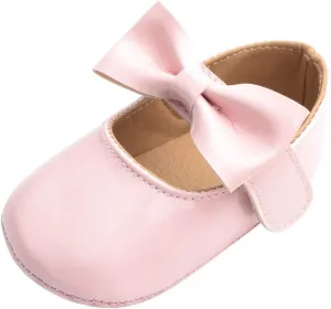 Baby Girls Mary Jane Flat Shoes with Bownot Non Slip Soft Sole PU Leather Newborn Infant Toddler Dress Shoes