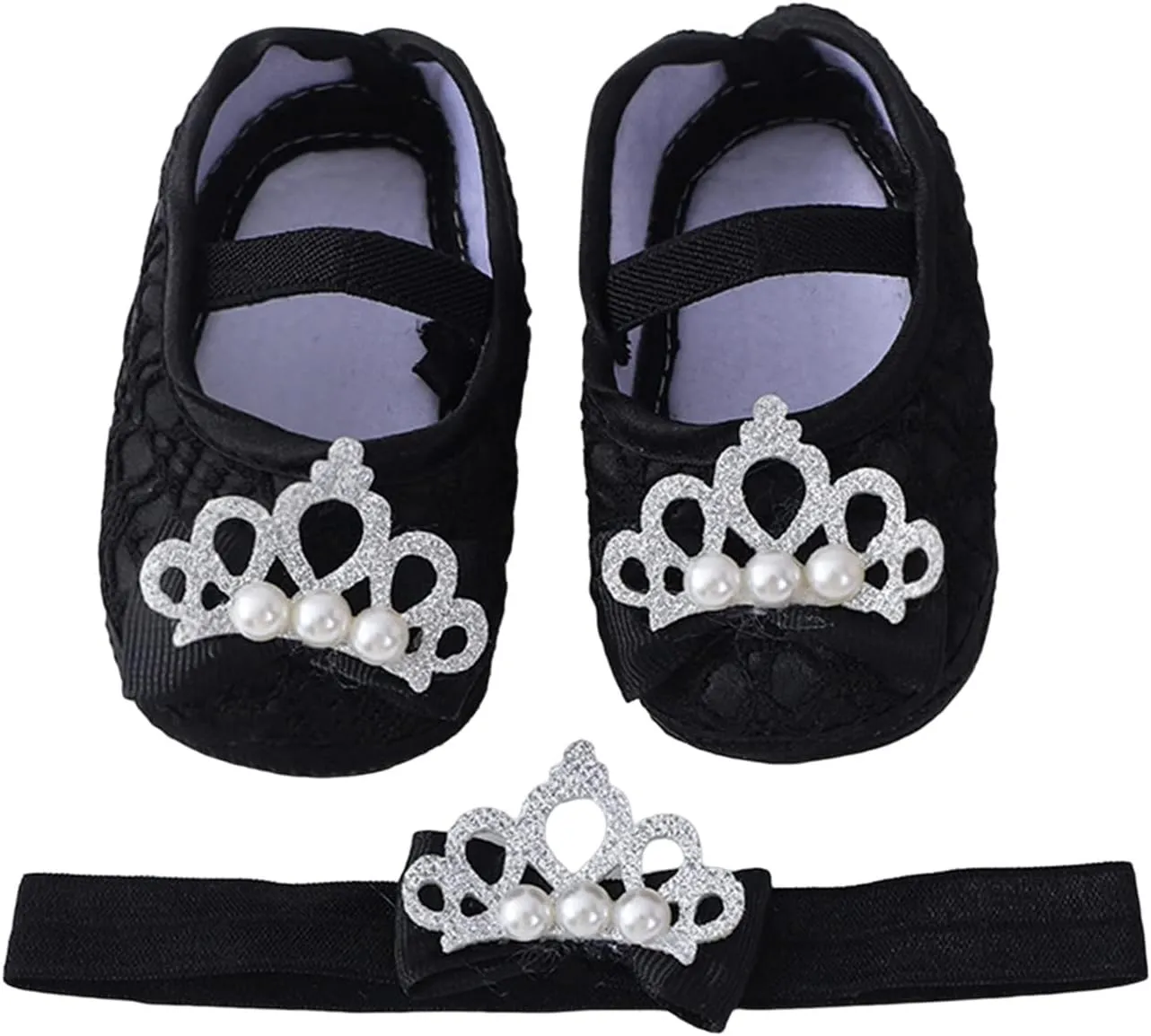 Baby Shoes with Hair Band Fashion Soft Soled Toddler Shoes Versatile Dress Flower Princess Shoes Balette Shoes Girls (Black, 4 Infant)