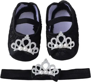 Baby Shoes with Hair Band Fashion Soft Soled Toddler Shoes Versatile Dress Flower Princess Shoes Balette Shoes Girls (Black, 4 Infant)