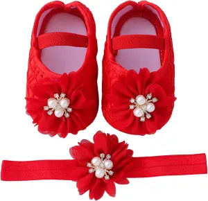 Baby Shoes with Hair Band Fashion Soft Soled Toddler Shoes Versatile Dress Flower Princess Shoes Soft Soles Shoes