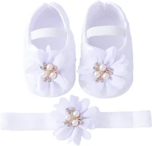Baby Shoes with Hair Band Fashion Soft Soled Toddler Shoes Versatile Dress Flower Princess Shoes Soft Soles Shoes