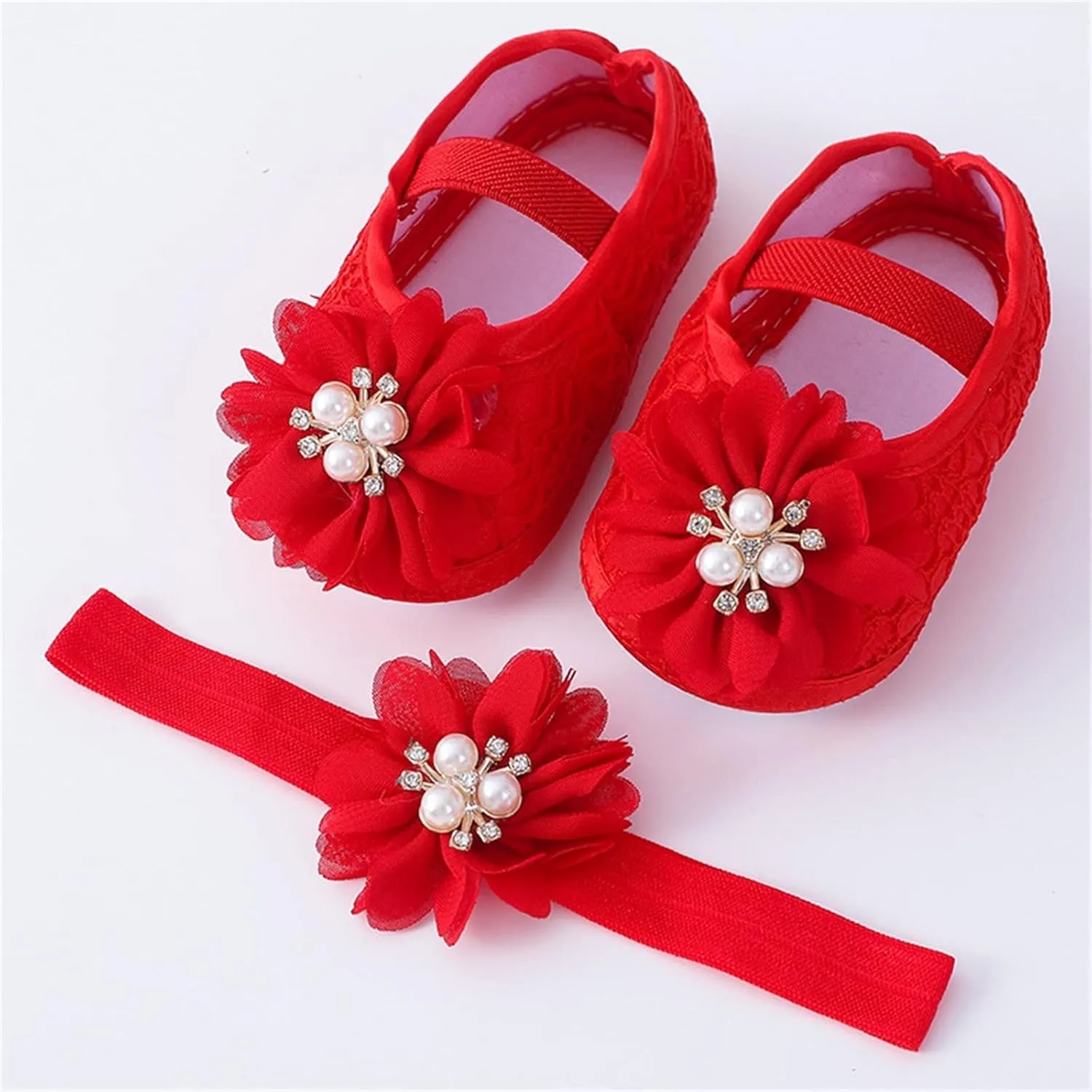 Baby Shoes with Hair Band Fashion Soft Soled Toddler Shoes Versatile Dress Flower Princess Shoes Soft Soles Shoes