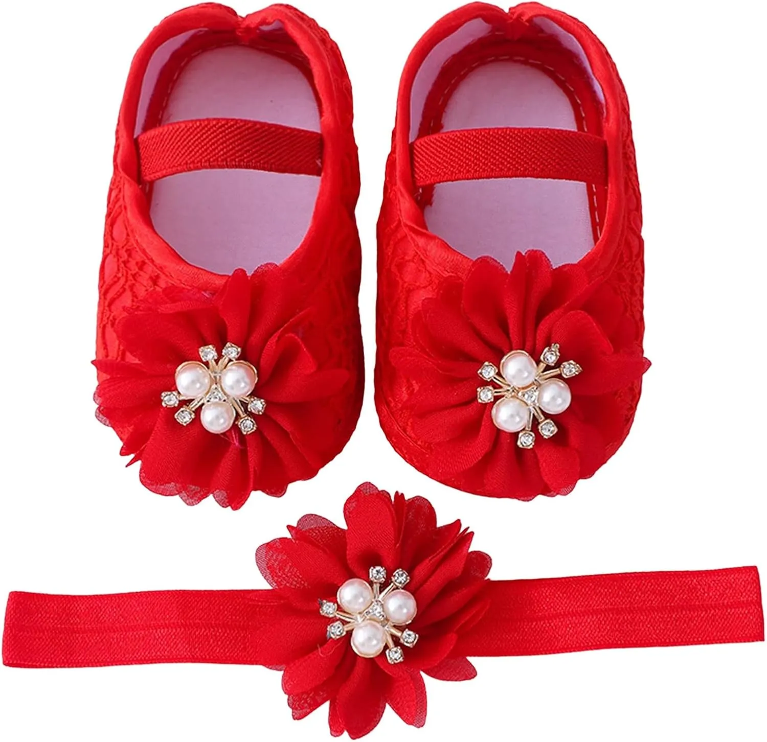 Baby Shoes with Hair Band Fashion Soft Soled Toddler Shoes Versatile Dress Flower Princess Shoes Soft Soles Shoes