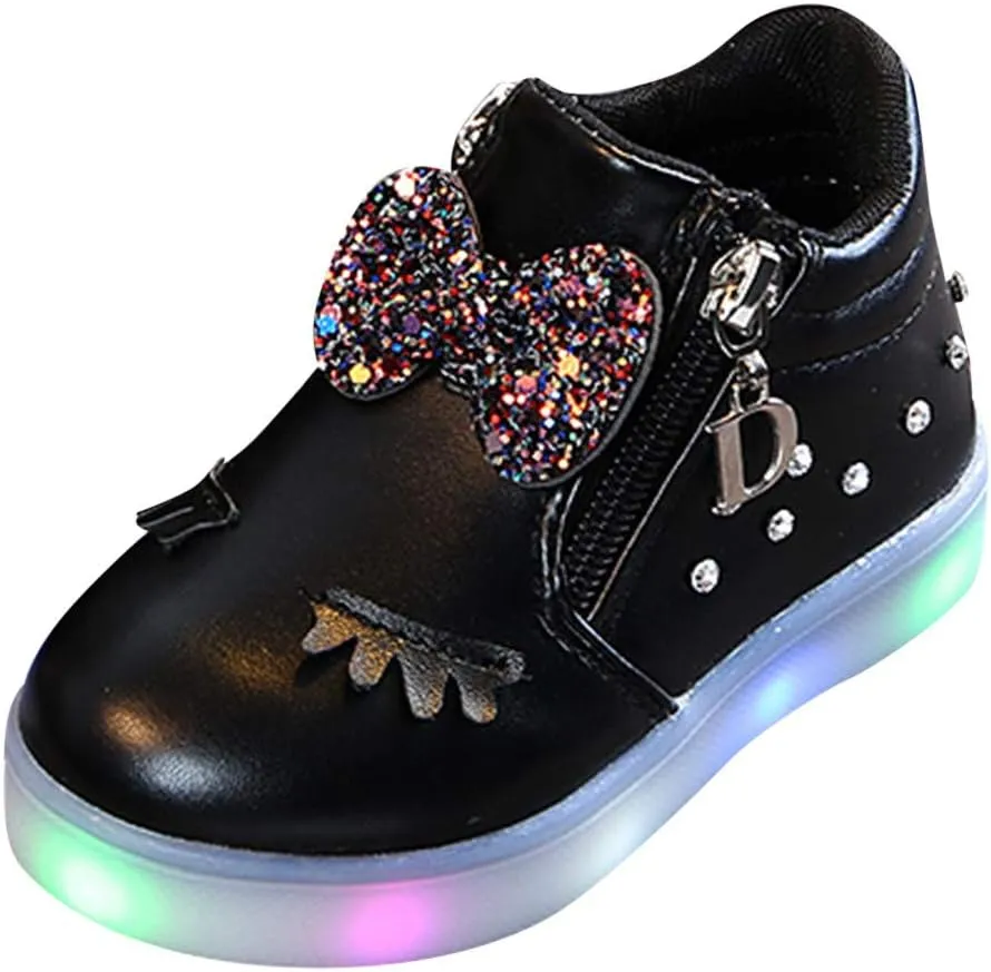 Baby Sneakers,Infant Kids Crystal Bowknot LED Luminous Boots Baby Girls Sport Shoes Anti-Slip Shoes Soft Sole Flat Shoes Black