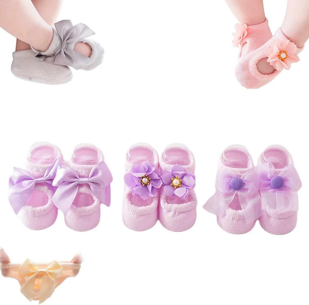 Beyonddraw Baby Ballet Socks,3pair Non-skid Socks Shoes for Baby Girls,Newborn Cotton Toddler Lace Bowknot Flower Walker Sock