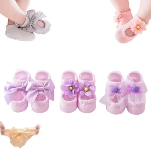 Beyonddraw Baby Ballet Socks,3pair Non-skid Socks Shoes for Baby Girls,Newborn Cotton Toddler Lace Bowknot Flower Walker Sock