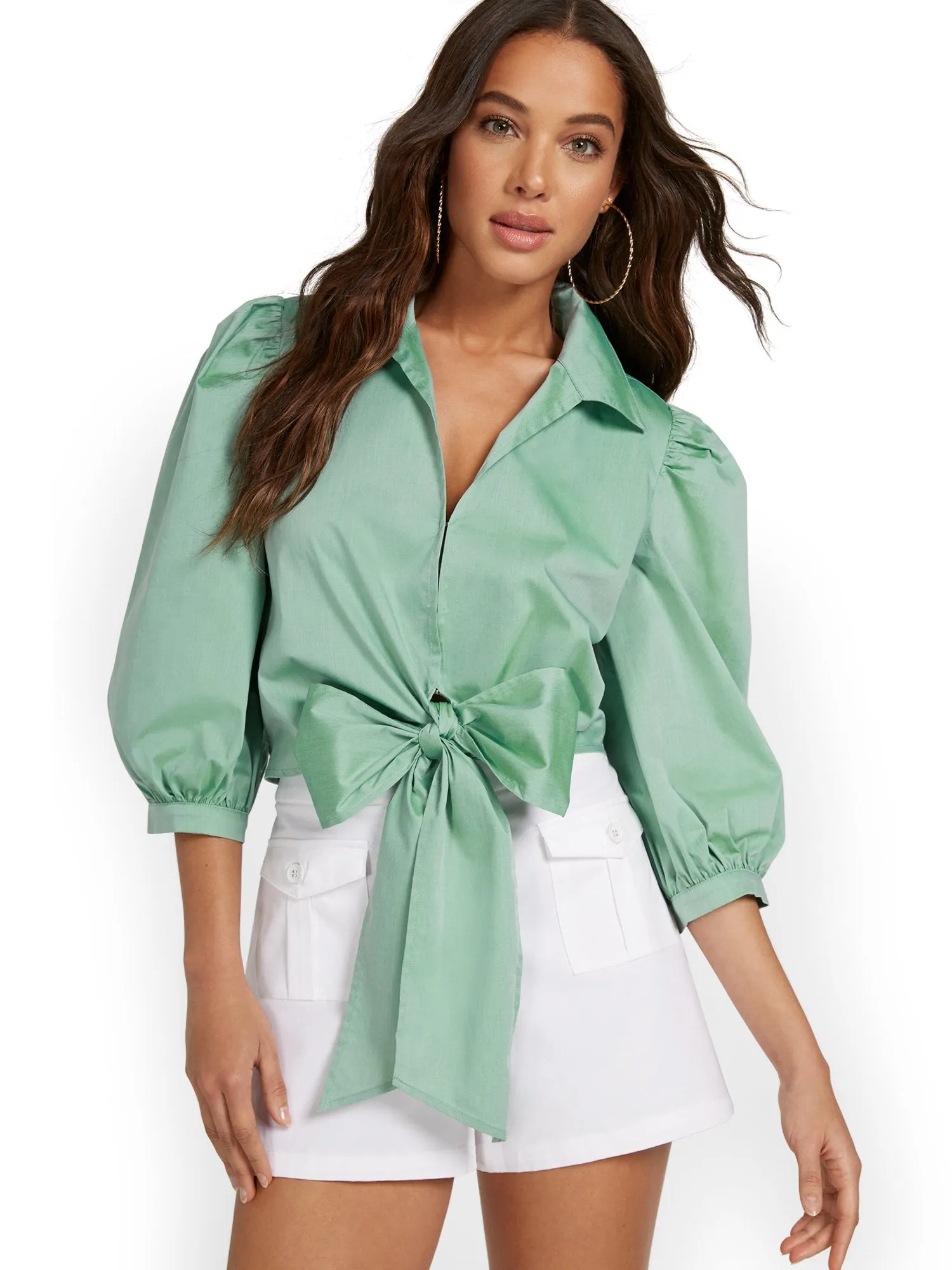 Bow-Front Button-Down Poplin Shirt