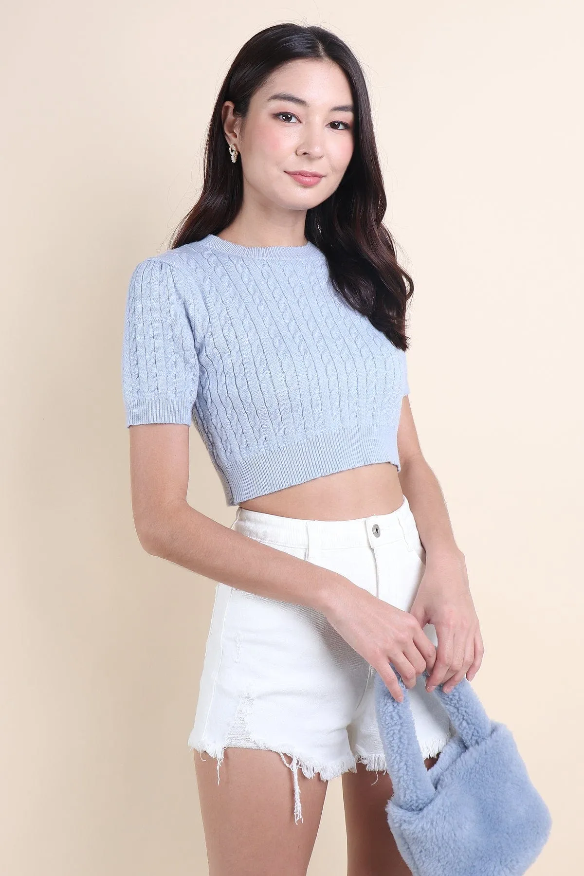 BYNELL CABLE RIBBON KNIT TOP IN BLUE