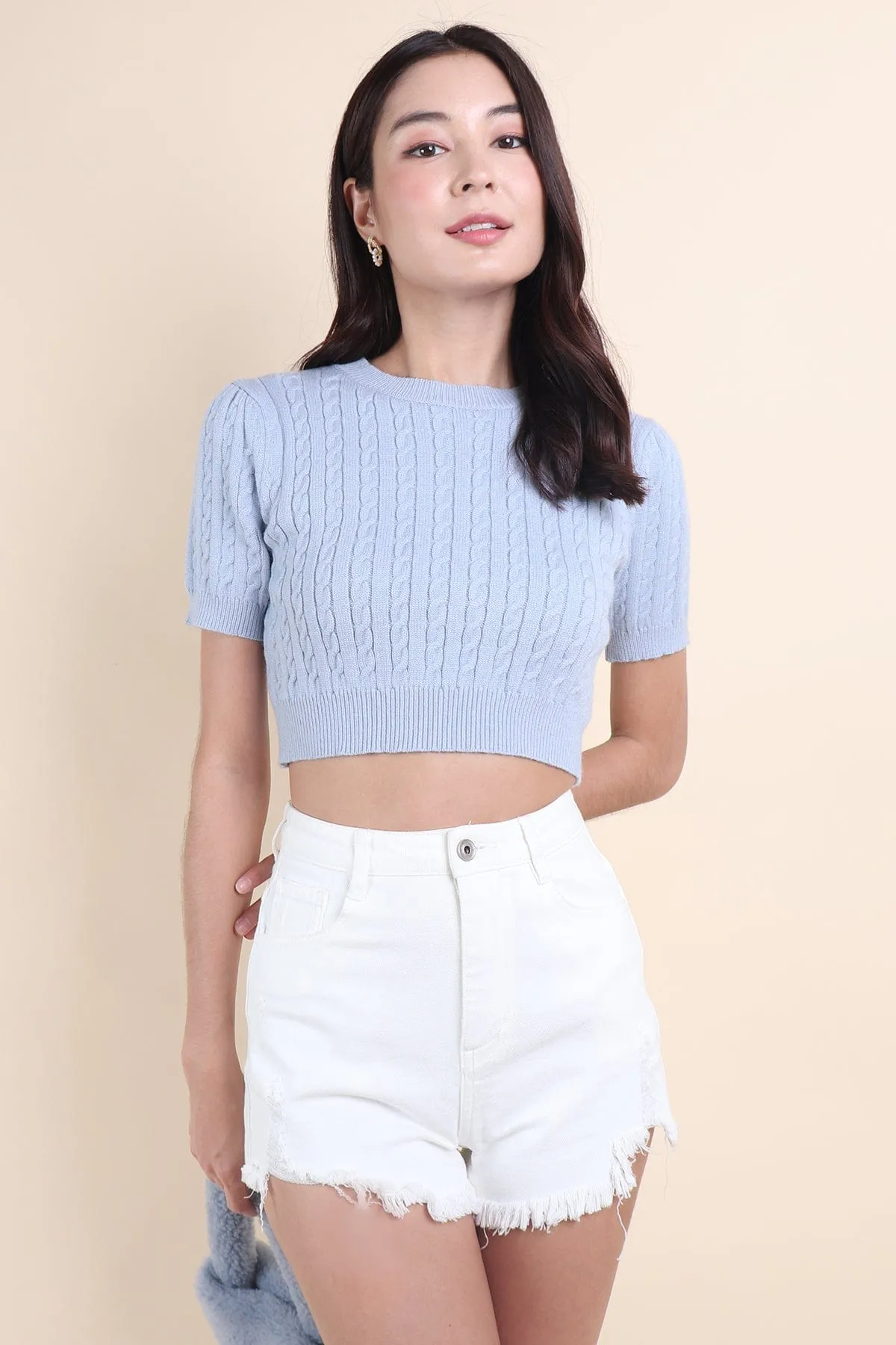 BYNELL CABLE RIBBON KNIT TOP IN BLUE
