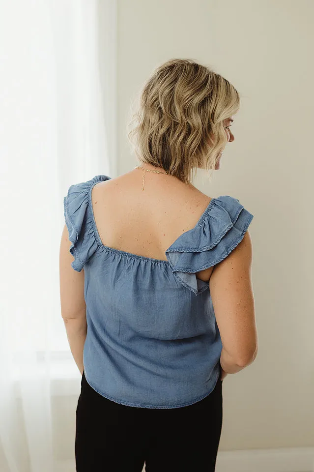 Chambray Ruffle Sleeve Top