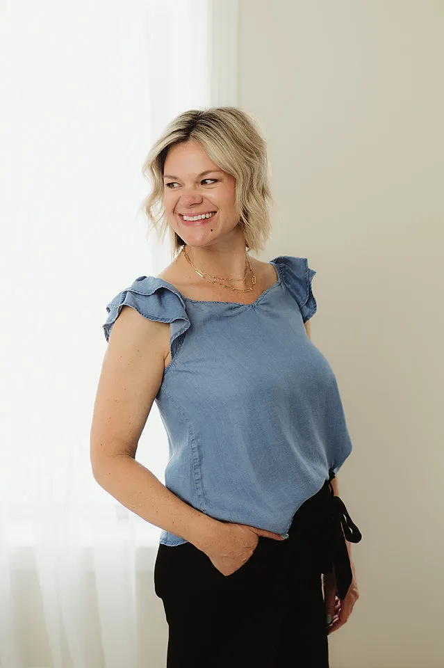 Chambray Ruffle Sleeve Top