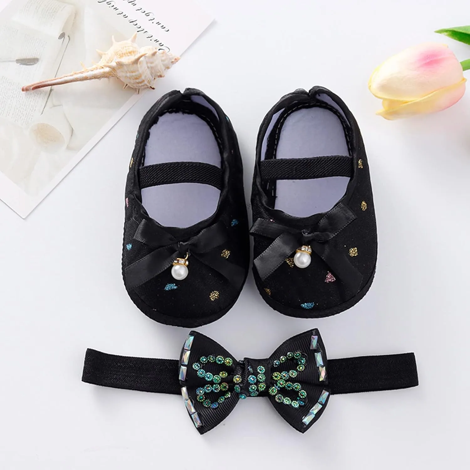 Child Princess Sole Set Cute Shoes Shoes Pearl Headband Little Soft Toddler Bow Kids Sneakers Toddler Boys