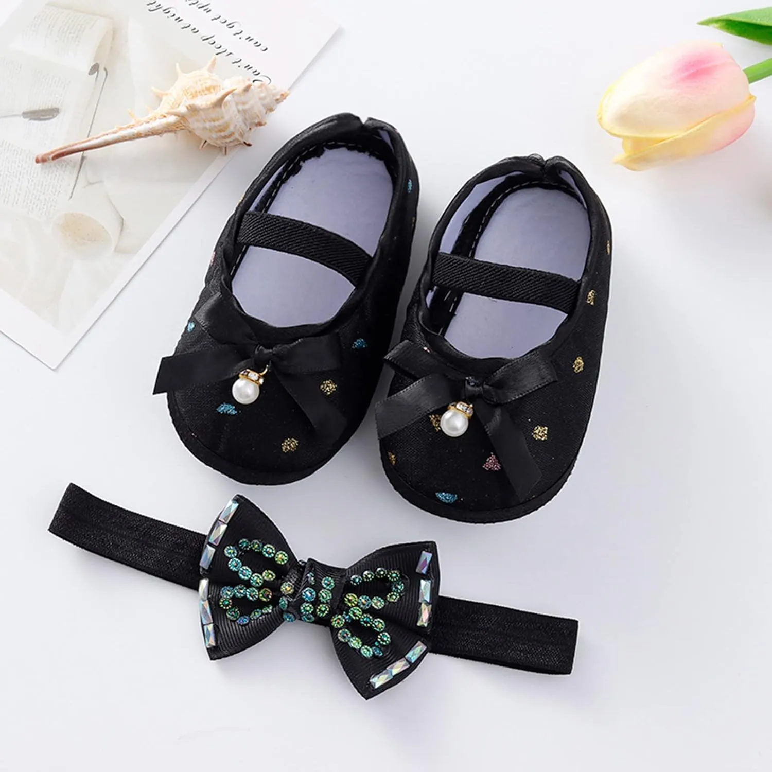 Child Princess Sole Set Cute Shoes Shoes Pearl Headband Little Soft Toddler Bow Kids Sneakers Toddler Boys