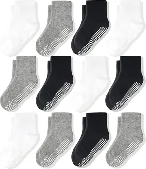 CozyWay Baby & Toddler Socks With Grippers Non Slip Crew Grip Socks for Kids Girls and Boys Soft Comfy Cotton Black White Gray - 0-6 Months - 12 Pack