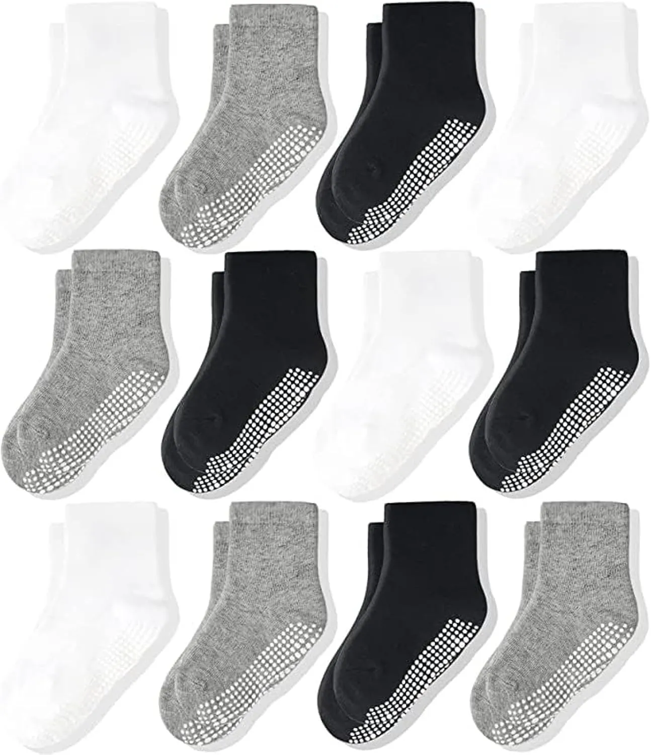 CozyWay Baby & Toddler Socks With Grippers Non Slip Crew Grip Socks for Kids Girls and Boys Soft Comfy Cotton Black White Gray - 0-6 Months - 12 Pack