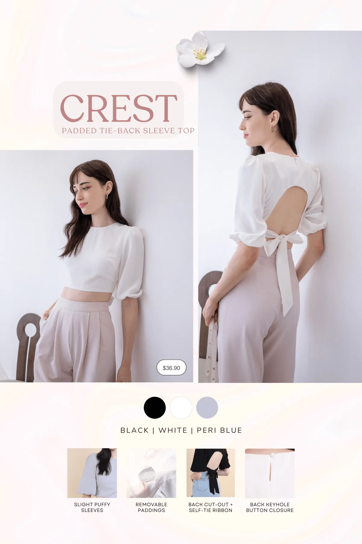 CREST PADDED TIE-BACK SLEEVE TOP IN PERI BLUE