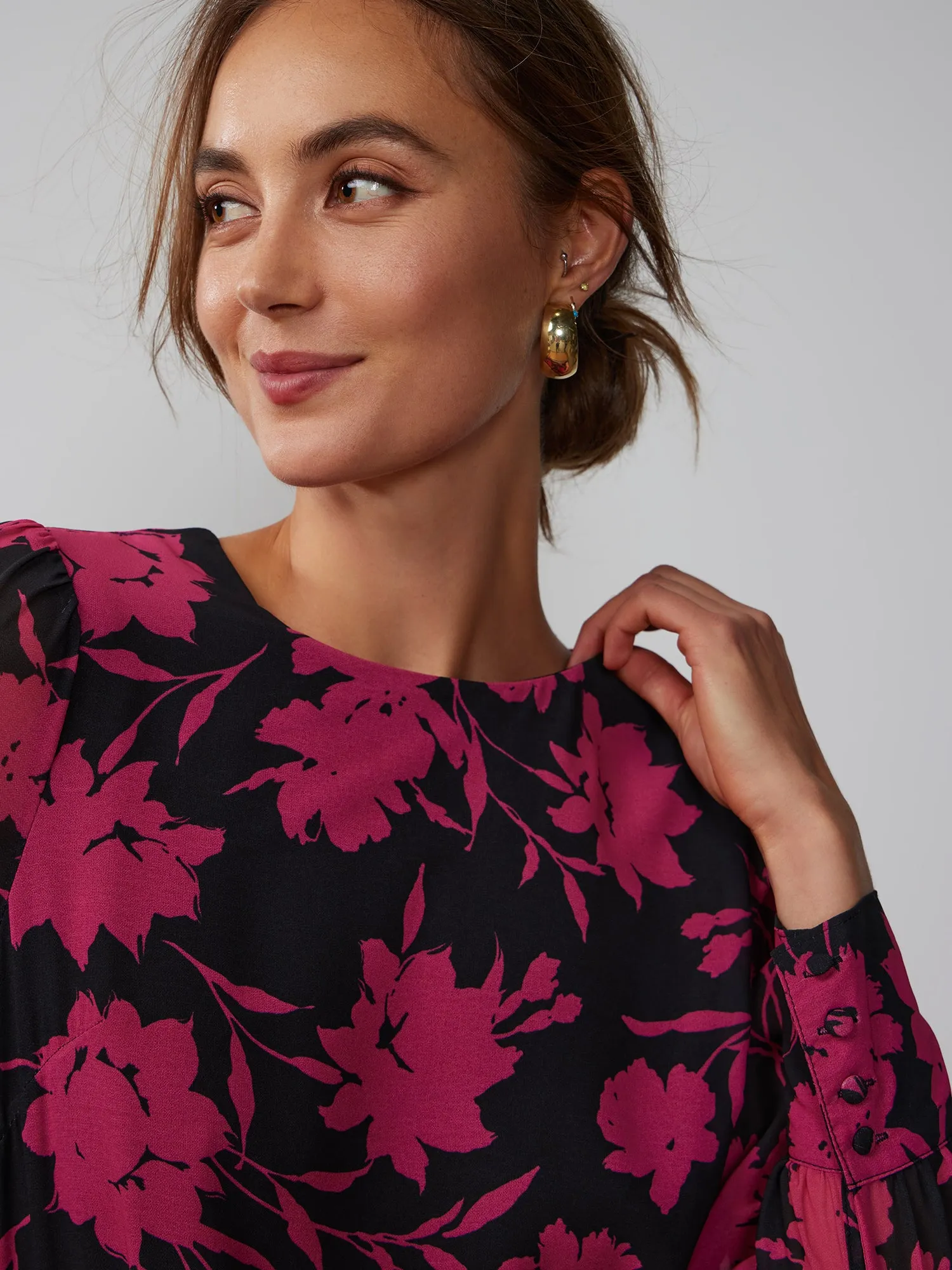 Crew Neck Floral Chiffon Blouse