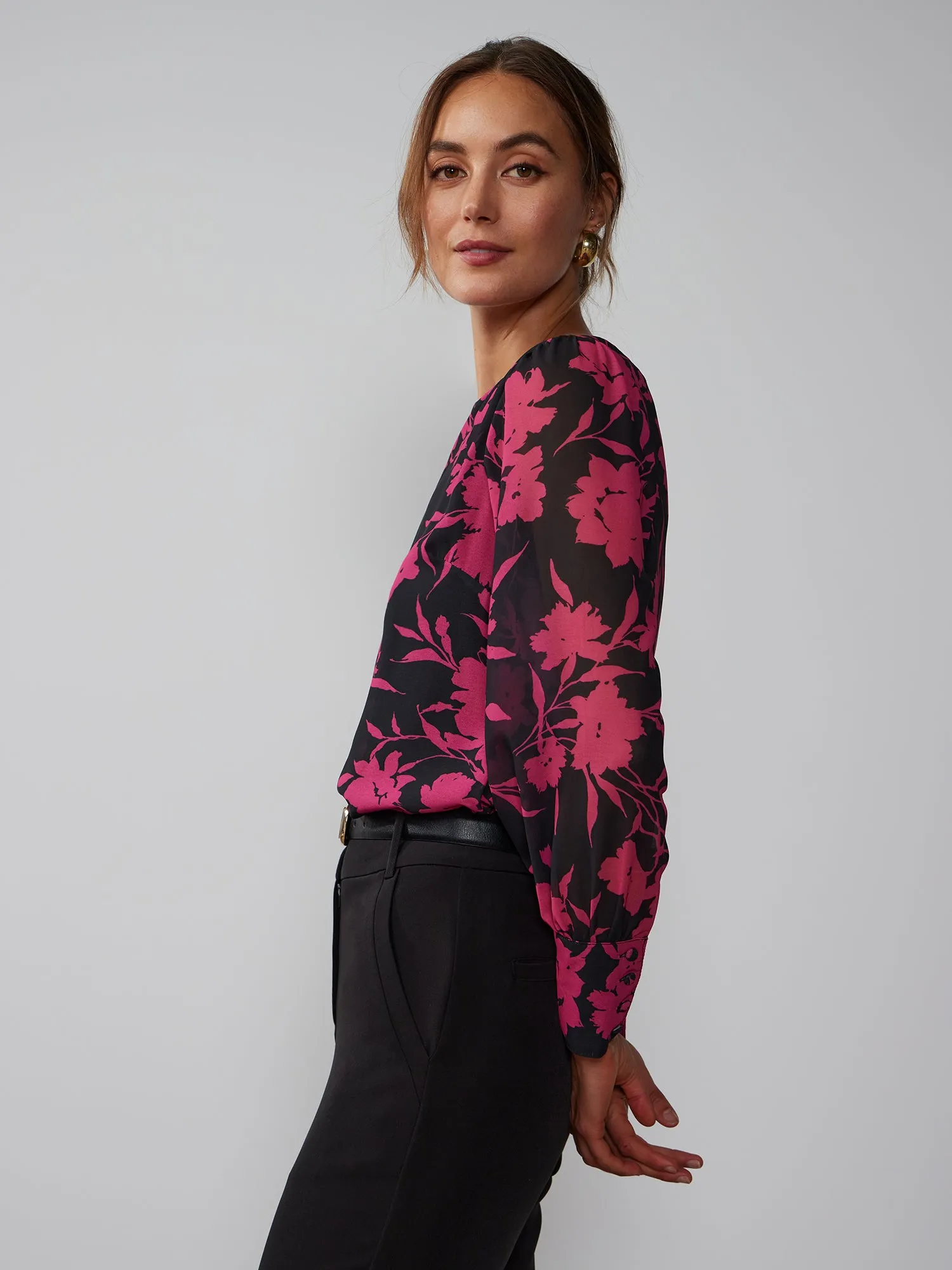 Crew Neck Floral Chiffon Blouse
