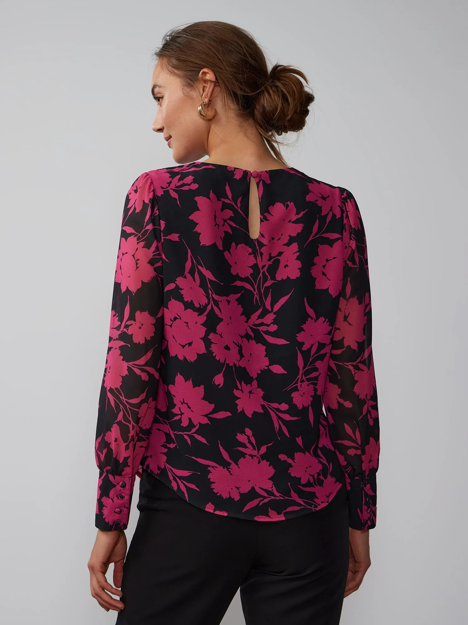 Crew Neck Floral Chiffon Blouse