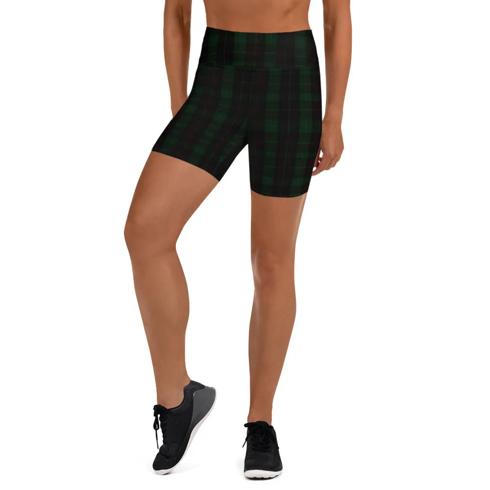 Dark Green Plaid Yoga Shorts, Tartan Print Workout Short Fitness Pants- Made in USA/EU