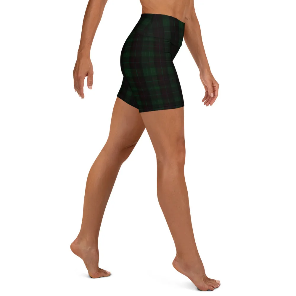 Dark Green Plaid Yoga Shorts, Tartan Print Workout Short Fitness Pants- Made in USA/EU