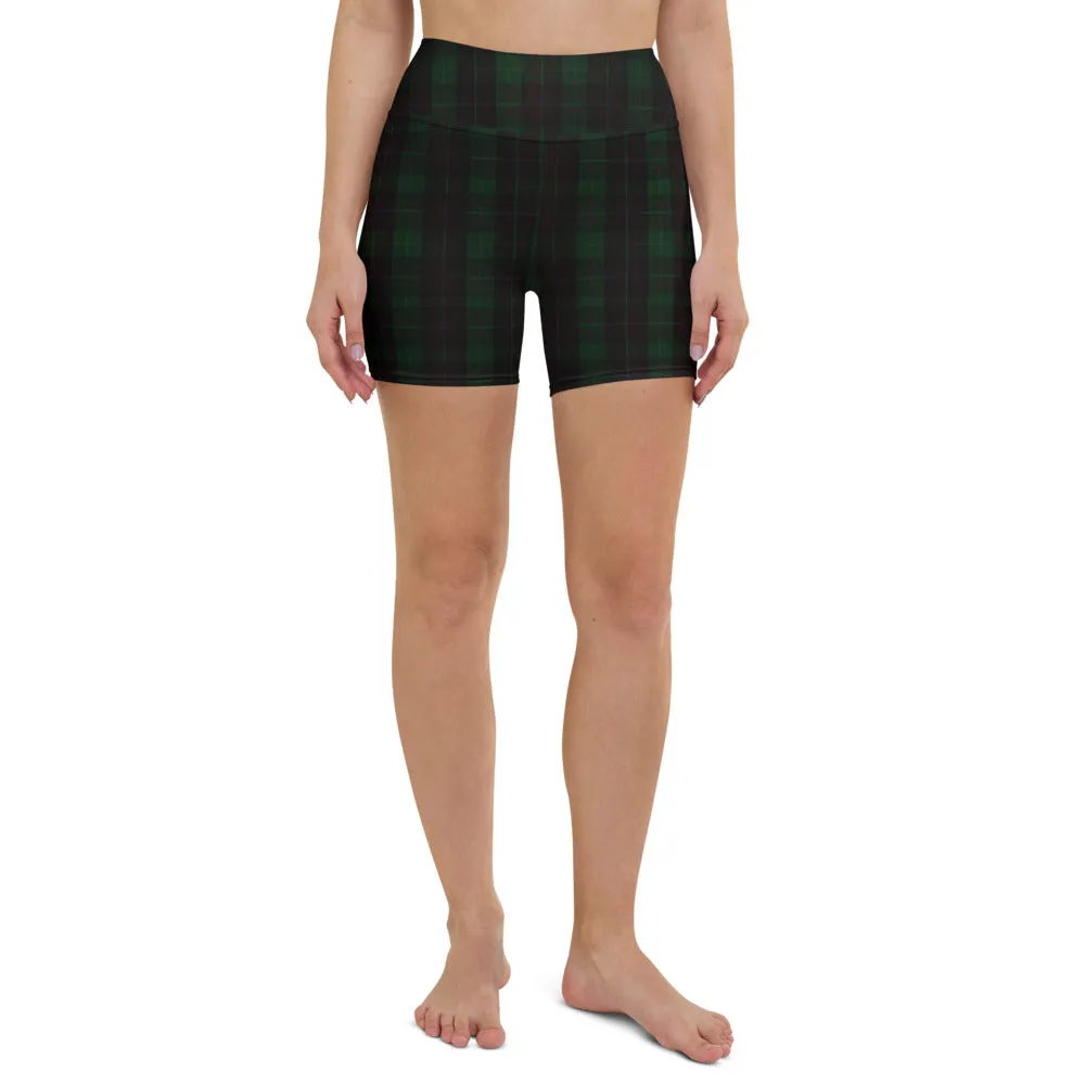 Dark Green Plaid Yoga Shorts, Tartan Print Workout Short Fitness Pants- Made in USA/EU