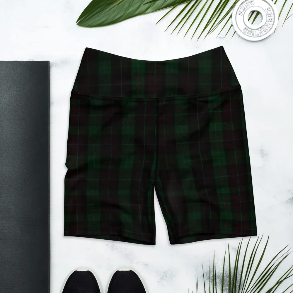Dark Green Plaid Yoga Shorts, Tartan Print Workout Short Fitness Pants- Made in USA/EU