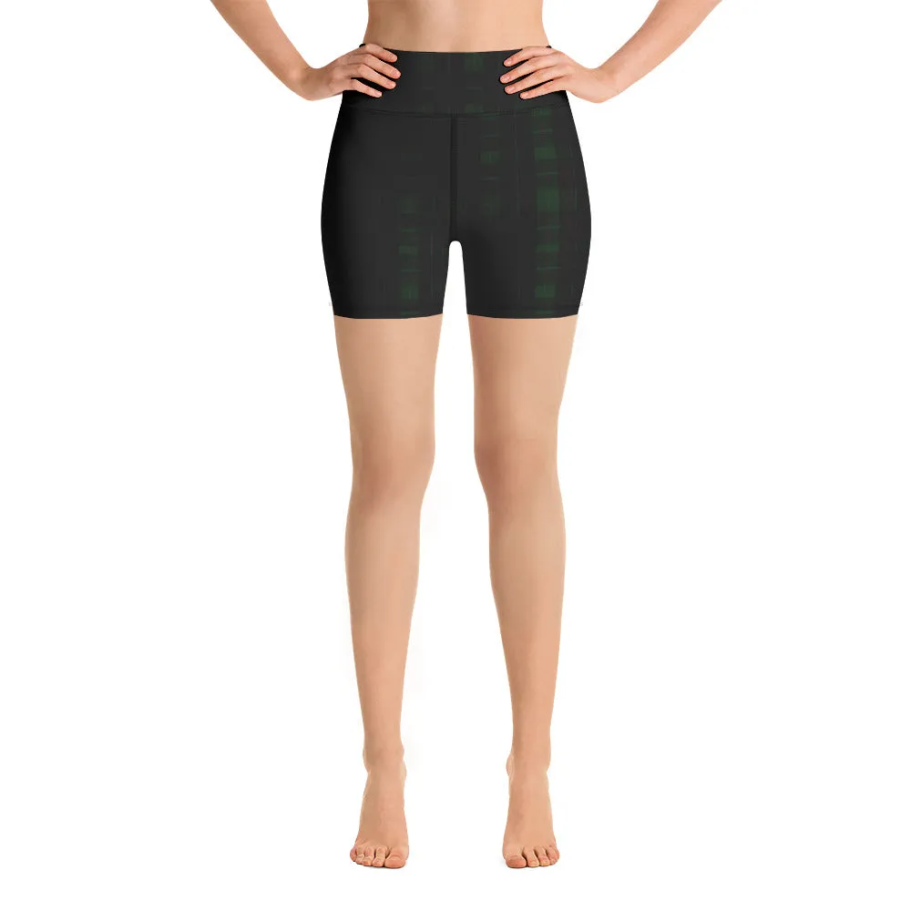 Dark Green Plaid Yoga Shorts, Tartan Print Workout Short Fitness Pants- Made in USA/EU