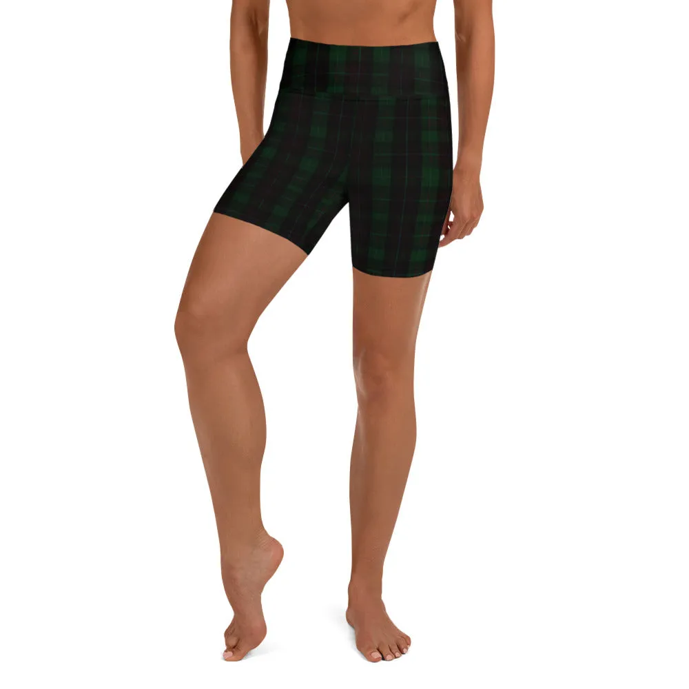 Dark Green Plaid Yoga Shorts, Tartan Print Workout Short Fitness Pants- Made in USA/EU