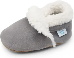 Dotty Fish Baby & Toddler Suede Slippers  Fleece Lined, Non-Slip Soft Sole Shoes  Warm Cozy Slippers for Boys & Girls  Ages 0-4