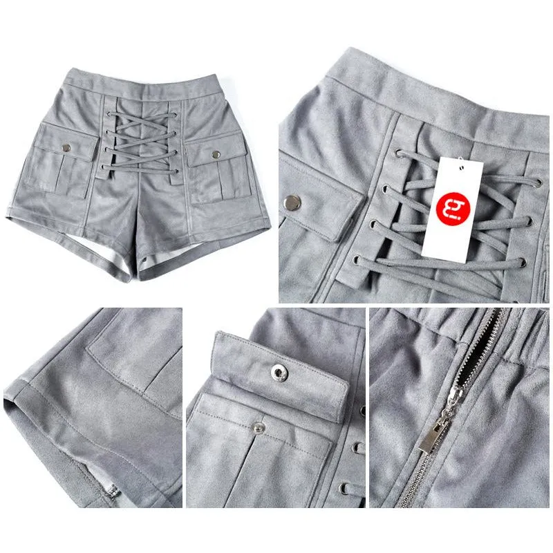 Elegant High Waist Lace Up Suede Shorts