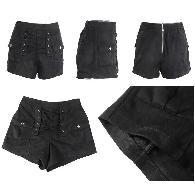 Elegant High Waist Lace Up Suede Shorts