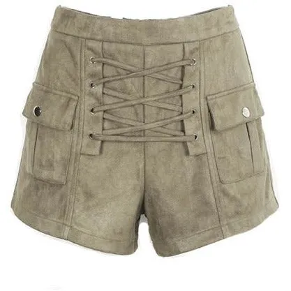 Elegant High Waist Lace Up Suede Shorts