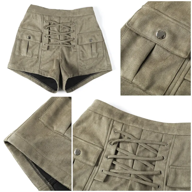 Elegant High Waist Lace Up Suede Shorts