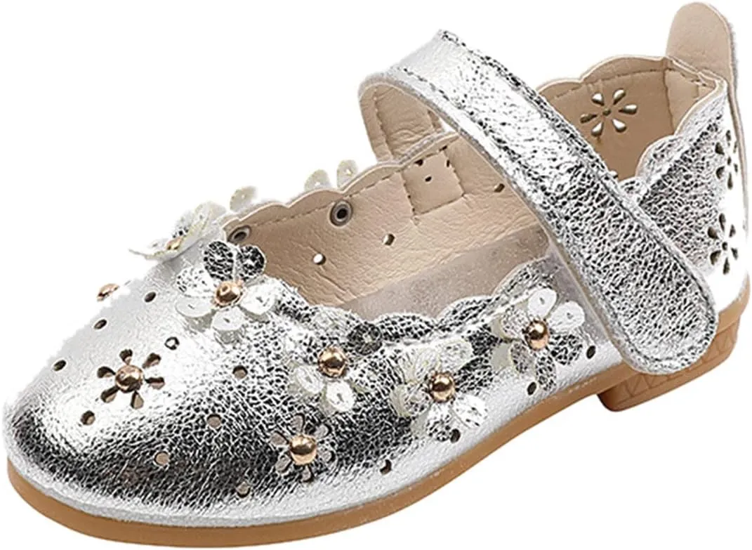 EnJoCho Girls Sandal Shoes Flower Shoes Hollow Flower Shoes Sandals Soft Sole Princess Sandals Baby Shoes 1-11 Years (Silver, 15 Months)