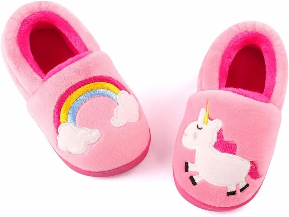 ESTAMICO Girls Cute Cartoon Slippers with Memory Foam Kids Plush Warm Winter House Shoes