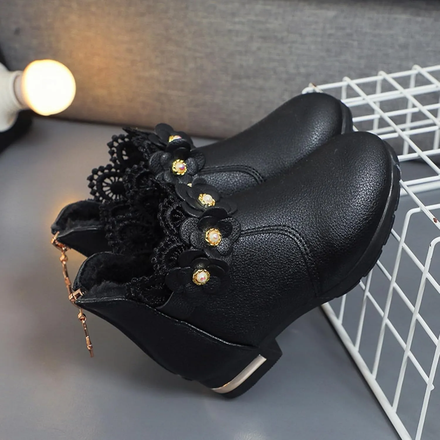 Fancy Leather Fleece Lined Children's Boots Low Tube 3D Flowers Print Boots Kids Fashion Snow Back Zipper Shoes