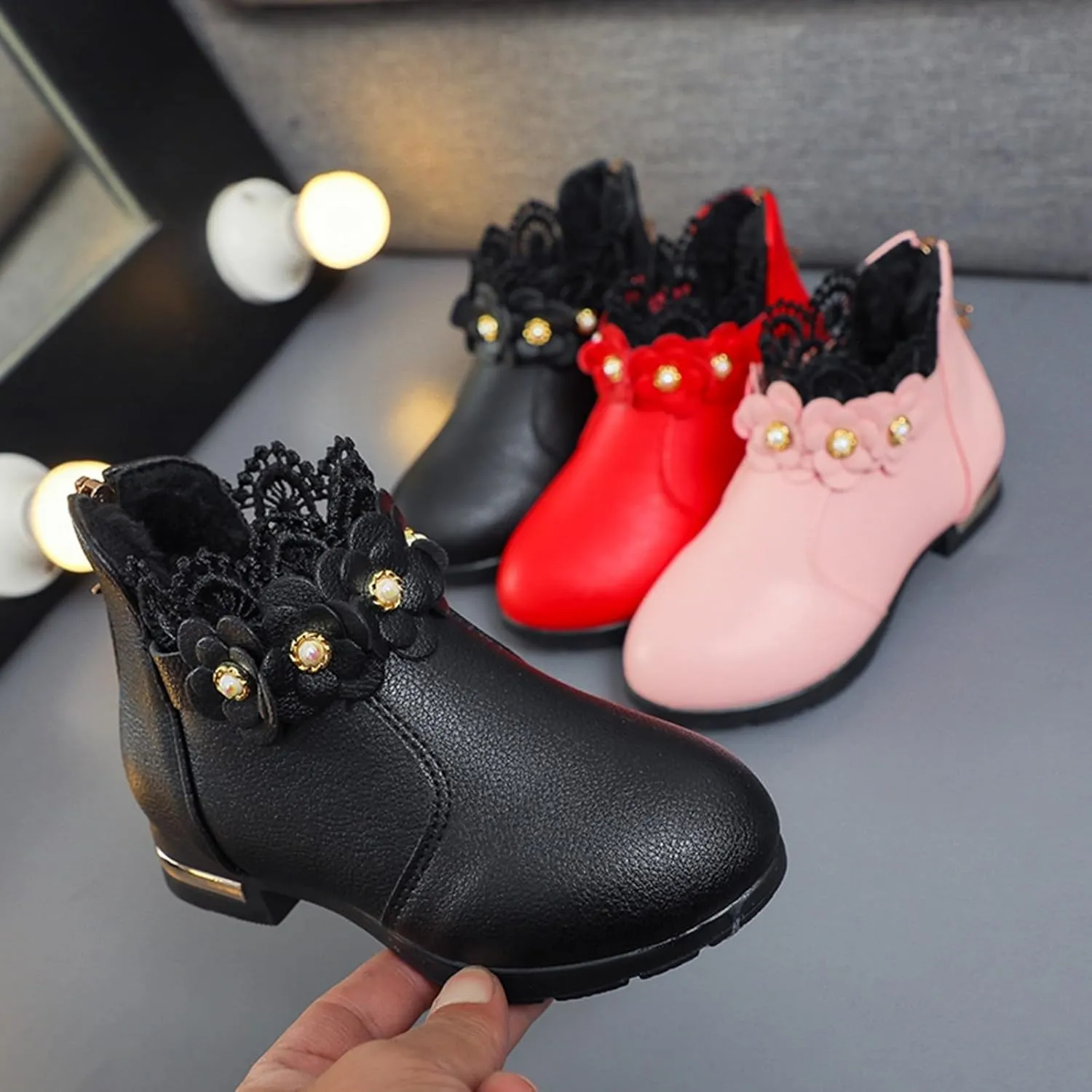 Fancy Leather Fleece Lined Children's Boots Low Tube 3D Flowers Print Boots Kids Fashion Snow Back Zipper Shoes