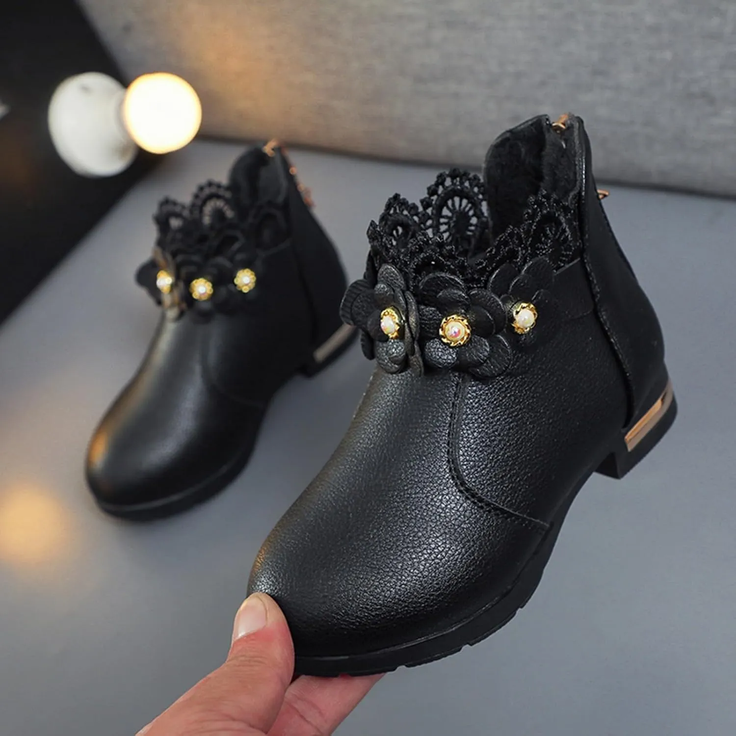 Fancy Leather Fleece Lined Children's Boots Low Tube 3D Flowers Print Boots Kids Fashion Snow Back Zipper Shoes