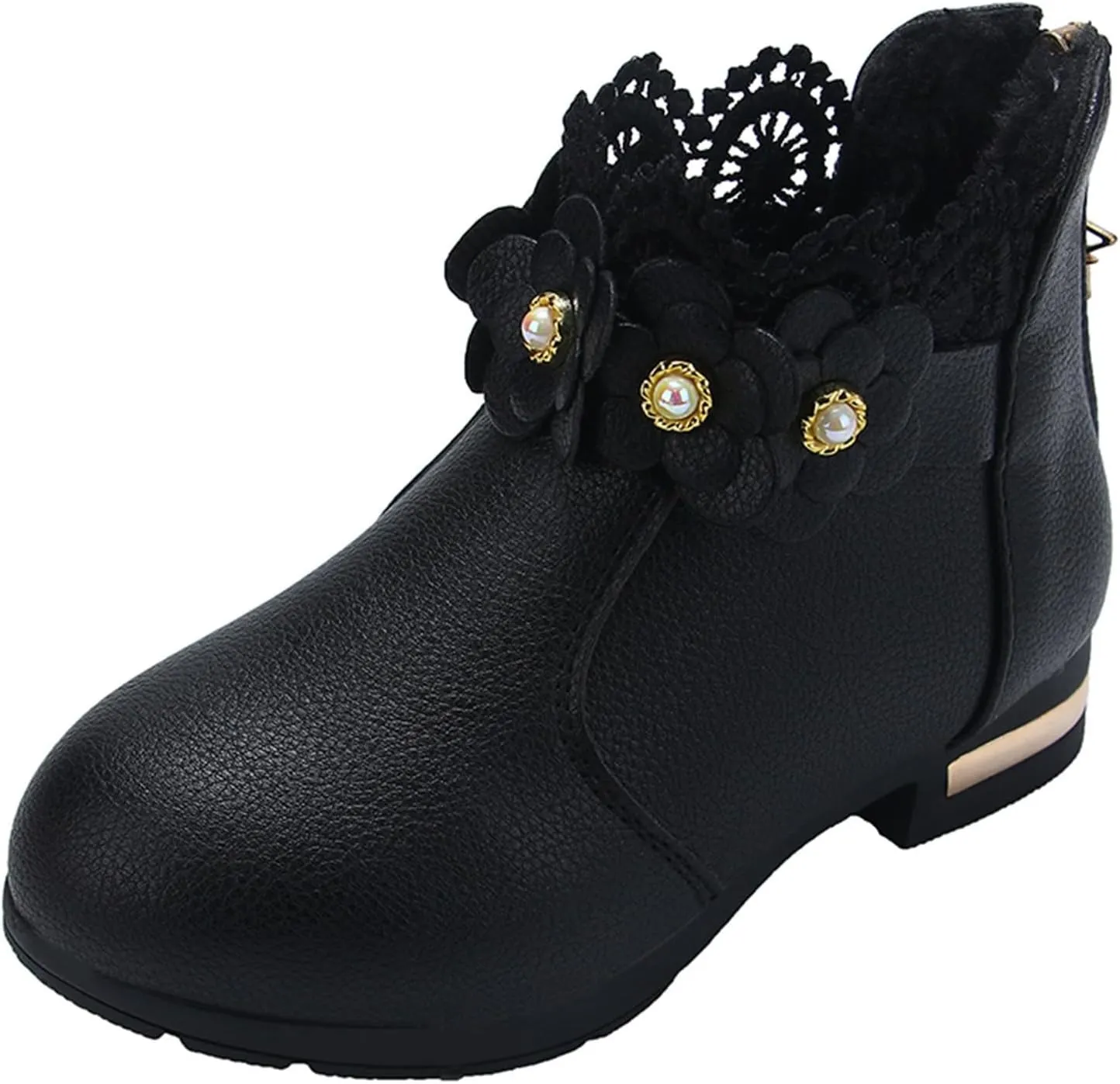Fancy Leather Fleece Lined Children's Boots Low Tube 3D Flowers Print Boots Kids Fashion Snow Back Zipper Shoes