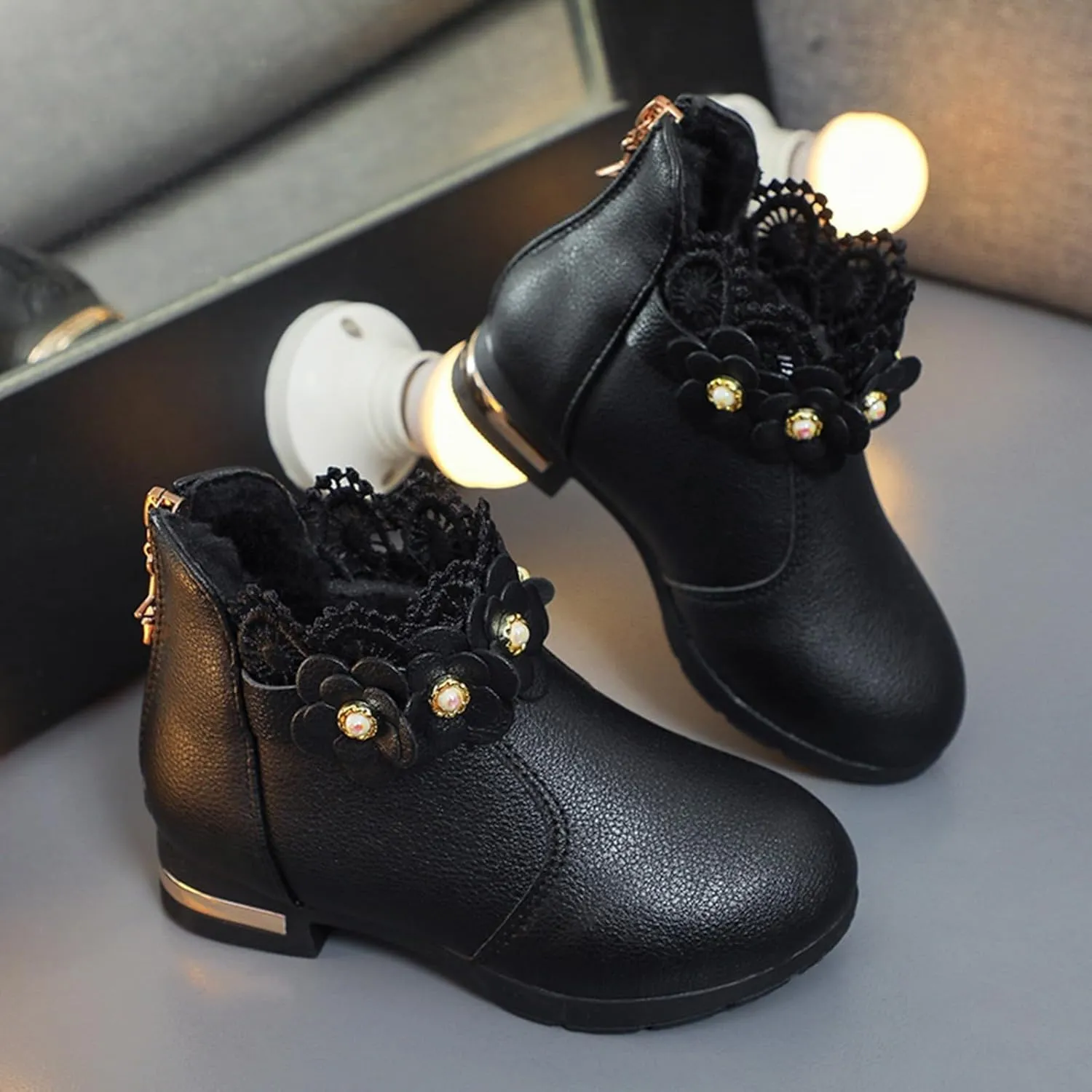 Fancy Leather Fleece Lined Children's Boots Low Tube 3D Flowers Print Boots Kids Fashion Snow Back Zipper Shoes