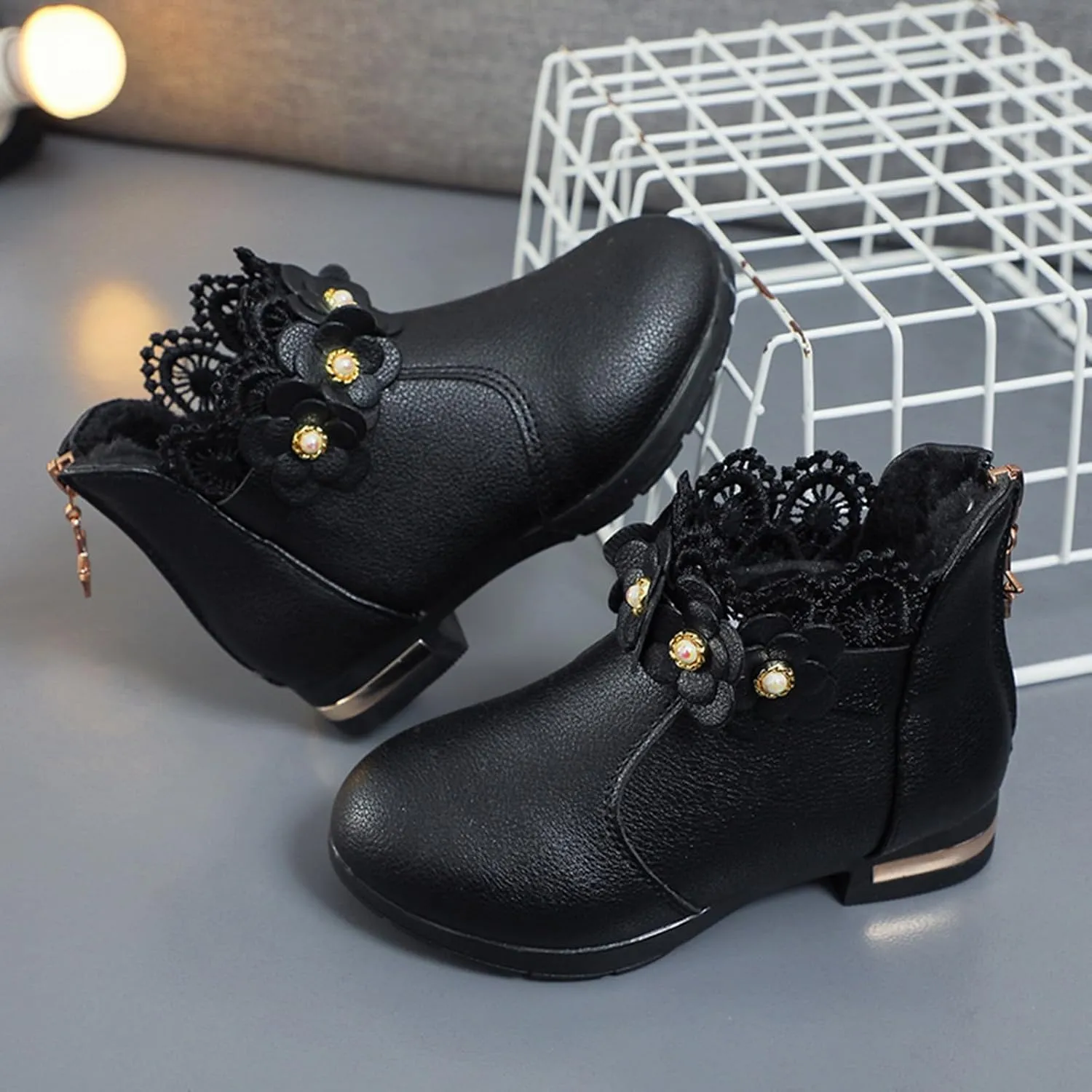 Fancy Leather Fleece Lined Children's Boots Low Tube 3D Flowers Print Boots Kids Fashion Snow Back Zipper Shoes