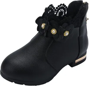 Fancy Leather Fleece Lined Children's Boots Low Tube 3D Flowers Print Boots Kids Fashion Snow Back Zipper Shoes