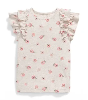 Flutter-Sleeve Rib-Knit Top for Toddler Girls Neutral Floral